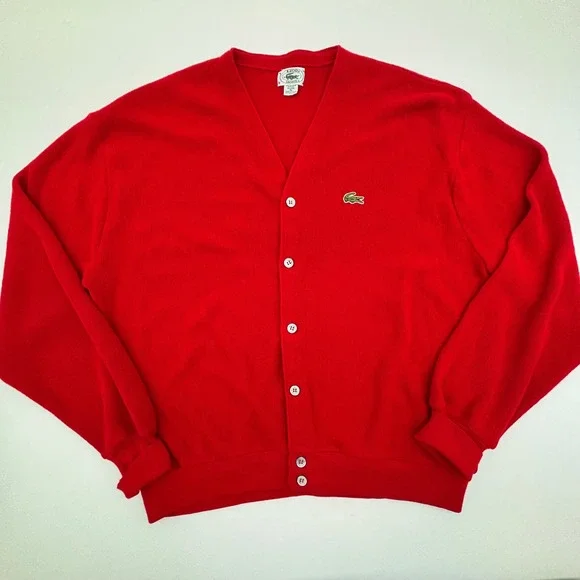 Vintage IZOD Lacoste Red V Neck Cardigan Grandpa Sweater Men's XL Made in USA - Picture 2 of 10